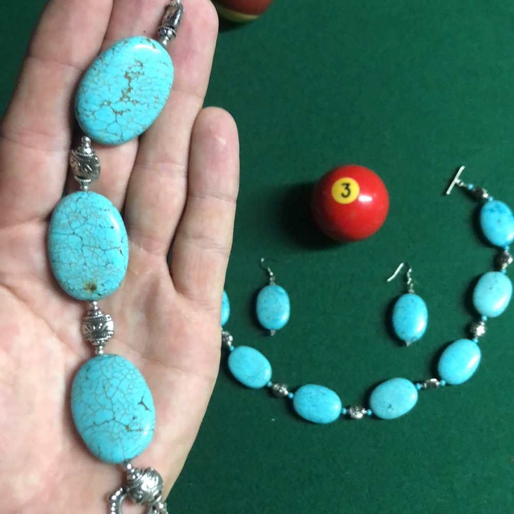 Turquoise and silver jewelry set,  necklace, bracelet and earrings.